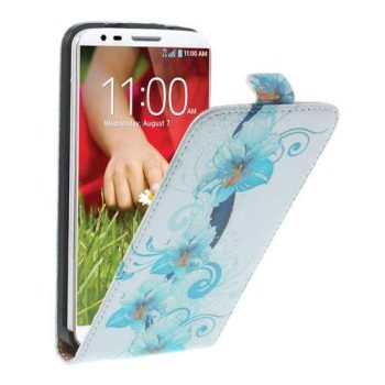 Кожен калъф Flip LG G2 - бял със сини цветя