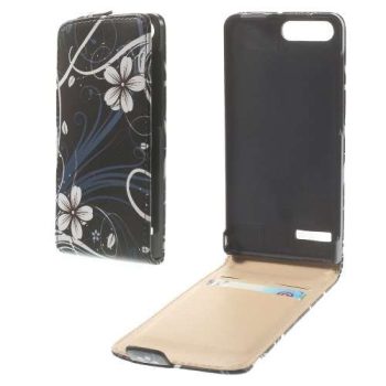 Кожен калъф Flip Huawei G6 - черен с бели цветя