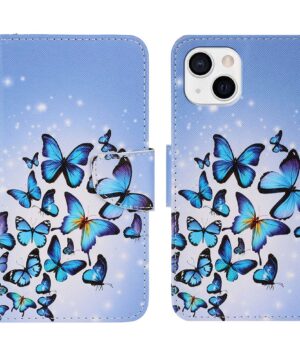 Кожен калъф тефтер / book type / iPhone 13 Mini - син с пеперуди
