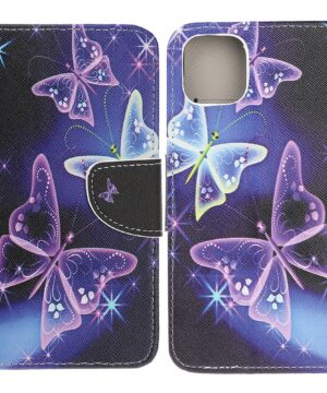 Кожен калъф тефтер / book type / iPhone 13 Pro - лилави пеперуди