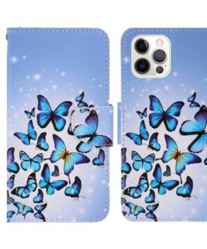 Кожен калъф тефтер / book type / iPhone 13 Pro - син с пеперуди