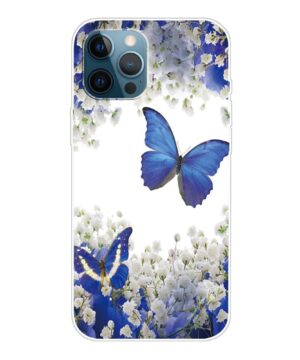 Силиконов калъф гръб iPhone 13 Pro - сини пеперуди с цветя