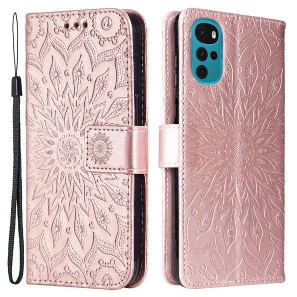 Кожен калъф тефтер / book type / Motorola Moto G22 / Moto E32 - rose-gold мандала