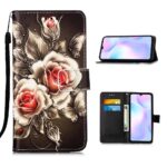 Кожен калъф тефтер / book type / Xiaomi Redmi 9A - черен с рози