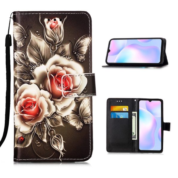 Кожен калъф тефтер / book type / Xiaomi Redmi 9A - черен с рози