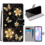 Кожен калъф тефтер / book type / Xiaomi Redmi 9A - черен със златни цветя