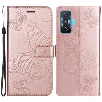 Кожен калъф тефтер / book type / Xiaomi Poco F4 GT - rose-gold пеперуди