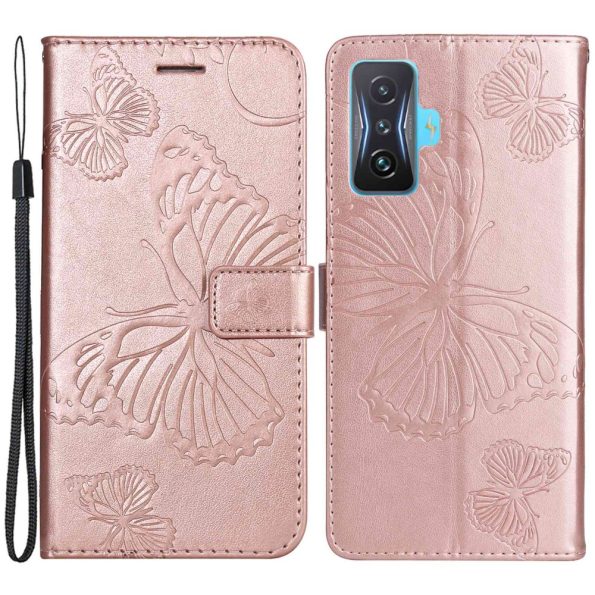 Кожен калъф тефтер / book type / Xiaomi Poco F4 GT - rose-gold пеперуди