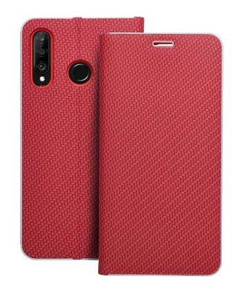 Кожен калъф тефтер / Luna Book Carbon / Huawei P30 Lite - червен